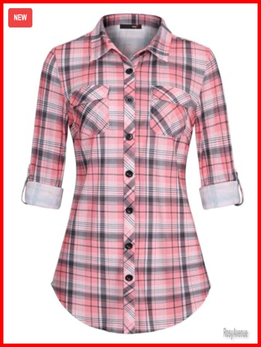 Women's Soft Stretchy Plaid Button Down Shirt Roll Up Sleeve Collared Blouse